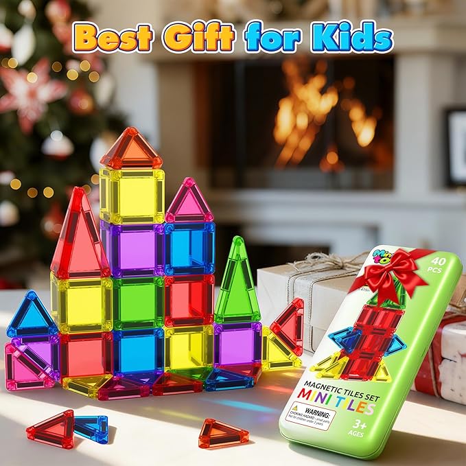 40PCS Mini Magnetic Tiles Toddler Travel Essentials Toys with Case Set, Magnetic Building Blocks Kids Games, Montessori Preschool Education Sensory Toys for 3 4 5 Year Old Boys Girls Birthday Gifts