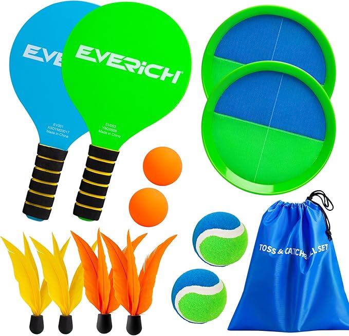 EVERICH Toss and Catch Ball Game Set & Paddle Ball Set, 4 Paddles 4 Balls 4 Birdies for Kids Teens Adults, Outdoor Indoor Beach Yard Pool Toy Games for Family Fun, All-Season Play Birthday Easter Gift
