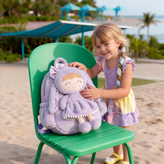 Gloveleya Back to School Gifts for Girls Bunny Toddler Backpack Plush Bag Baby Gift for Girl 2+ Years Old with Detachable Purple Rabbit Doll