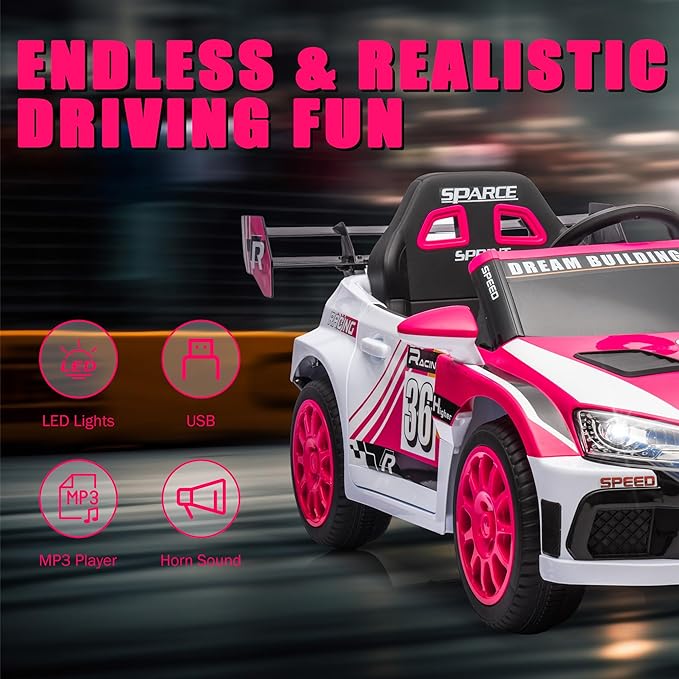 Kids Ride on Car with Parent Remote Control,12V Battery Powered Electric Vehicles for Kids Ages 3-8,Powerful Motor 3-Speed Sports Car Ride-on Toys w/Music,LED Lights,Suspension System (Pink)