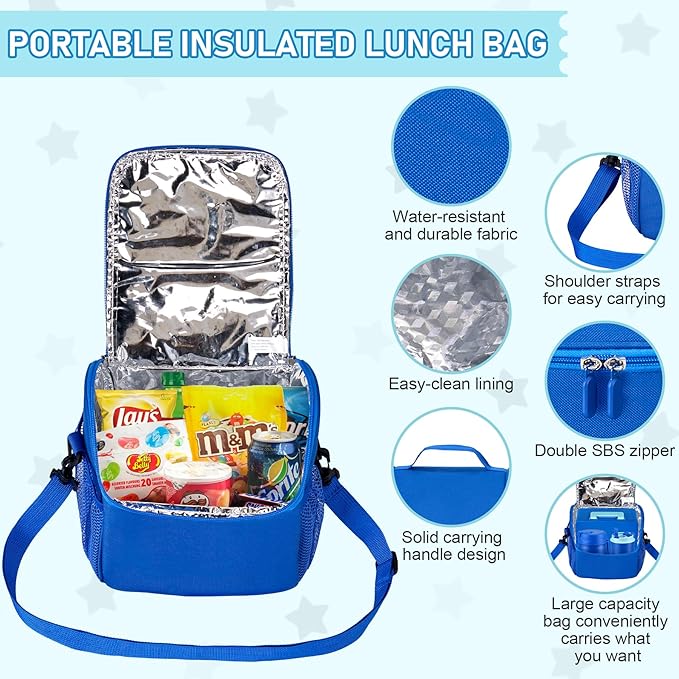 Bento Lunch Box for Kids with 17oz Soup Thermo,Insulated Tumbler Water Bottle and Insulated Lunch Bag,Leak-Proof 3 Compartment Lunch Food Container with Ice Pack for Kids to School-Blue