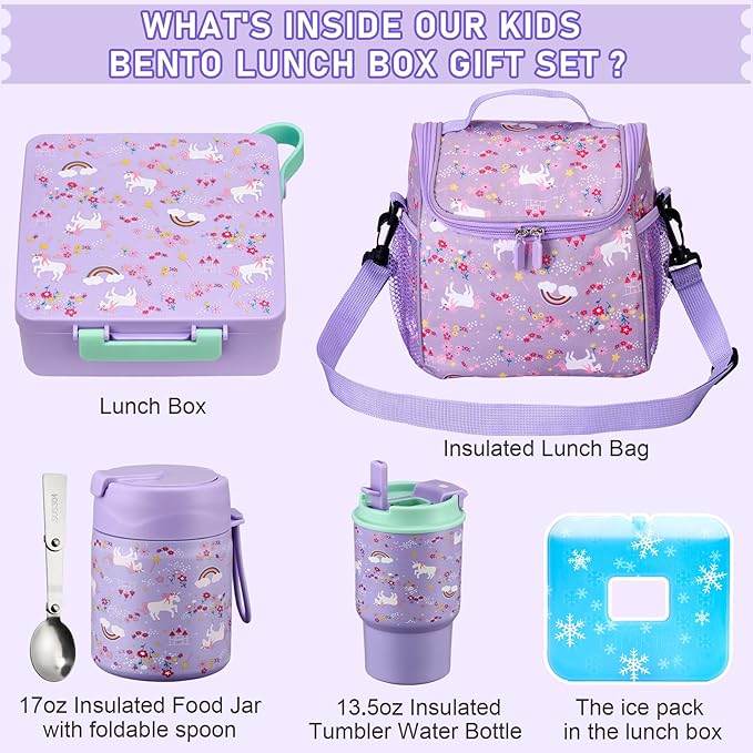 Bento Lunch Box for Kids with 17oz Soup Thermo,Insulated Tumbler Water Bottle and Insulated Lunch Bag,Leak-Proof 3 Compartment Lunch Food Container with Ice Pack for Kids to School-Horse