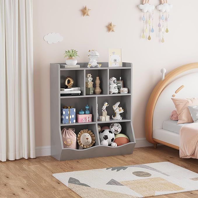 Three-Tier Kids Bookshelf and Toy Storage Organizer, Multi-Functional Bookcase with 5 Open Cubbies and 2 Tilted Boxes for Books, Toys, and Decor, Sturdy Cabinet for Nursery, Playroom, or Classr