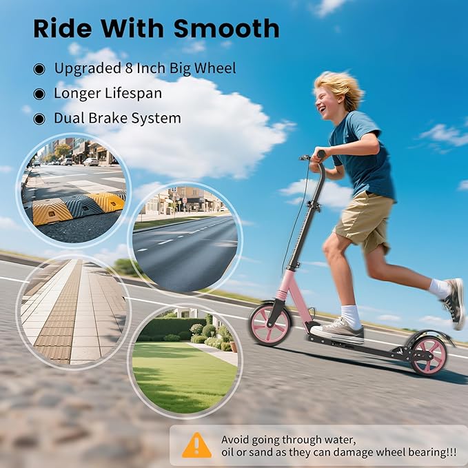 Kick Scooter for Kids Age 8+, Teens, Adults, Dual Suspension Foldable Lightweight Scooter with 8 Inch Big Wheels, Max Load 240 LBS Wide Deck