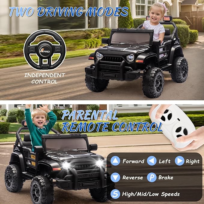 Ride on Truck Car, 12V Kids' Electric Vehicles W/Parents Control, Ride on Toys for Toddlers with Music, Bluetooth, Four-Wheels Suspension, USB, Headlights, Black