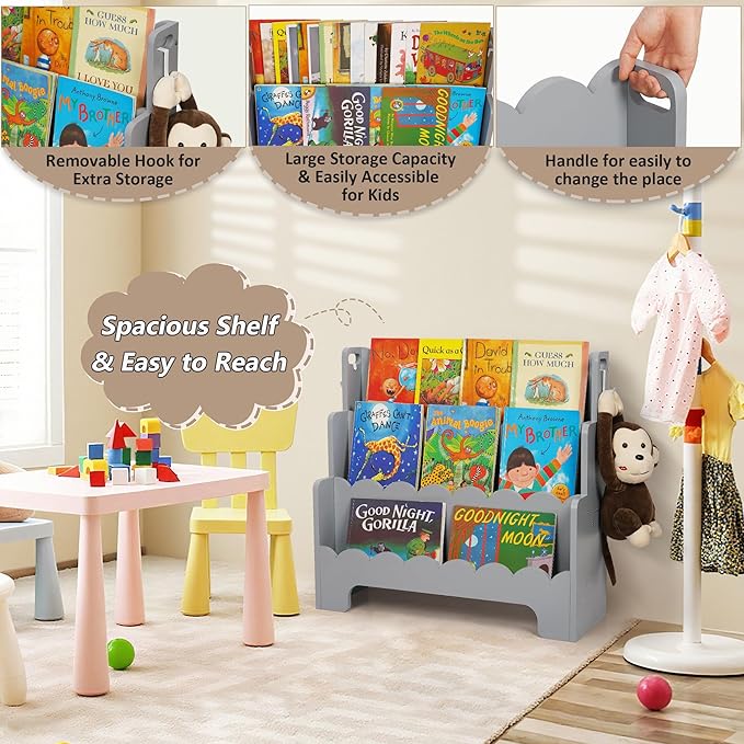 Kids Bookshelf Wooden 3-Tier, Scalloped Book Shelf for Kids Rooms, Front Facing Toddler Montessori Bookshelf, Baby Nursery Book Shelves Kid Classroom Book Shelf Bookcase