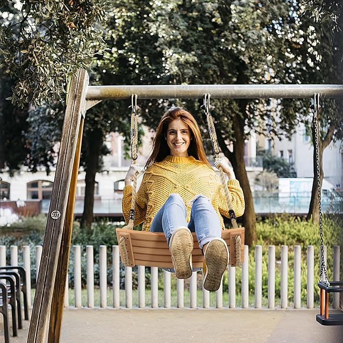 PELLOR Hanging Wooden Swing, Tree Swings for Adults/Kids with 440lbs Load, Curved Swing Seat 22.8"x 9.8"x 0.6", Adjustable Rope Swing Plus Size Tree Swing Set for Indoor and Outdoor