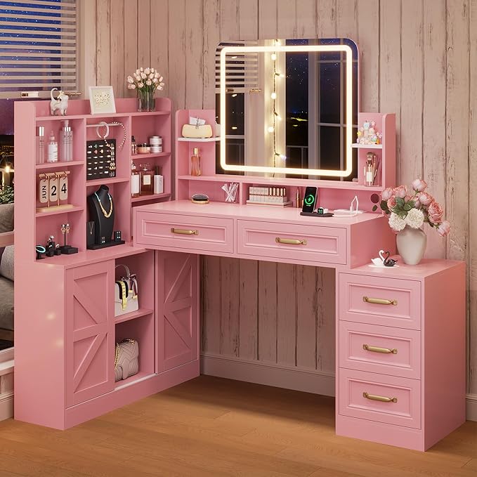 Vanity Desk with Mirror and Lights,Makeup Vanity Table with Lights & 5 Drawers,Makeup Desk with Charging Station & Cabinets Adjustable Width, Modern Dressing Table for Bedroom,Pink