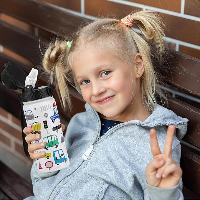 GOPPUS Kids Water Bottle (Straw Lid) - 18 Oz Stainless Steel Travel Bottle, Double Wall Vacuum Leak Proof Kids Cup for School Boys Girls,White engineering car