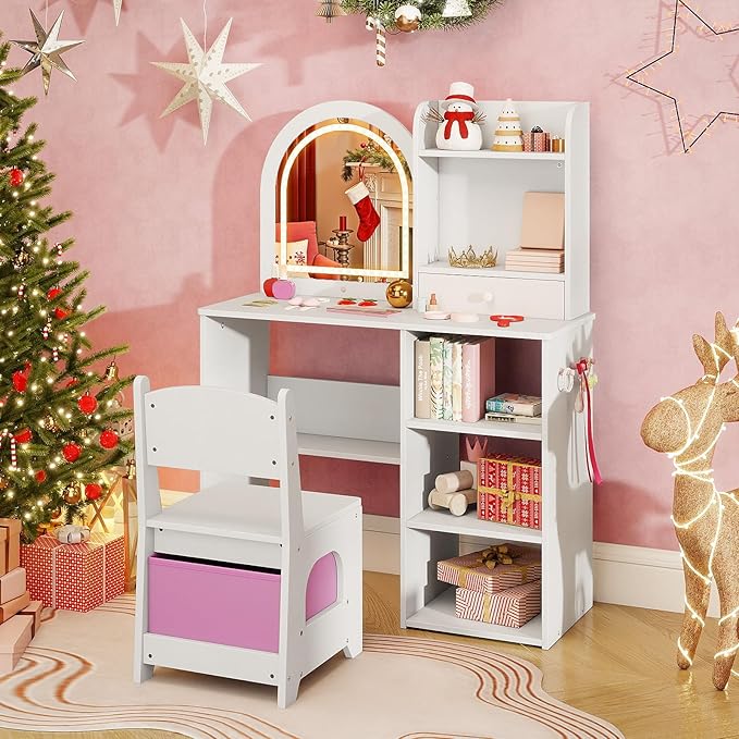 Costzon Kids Vanity with Lights, Girls Vanity Set with Mirror, Storage Drawer, Hooks & Shelves, Toddler Makeup Vanity Desk Dressing Table, Wooden Kids Vanity Table and Chair Set (White)