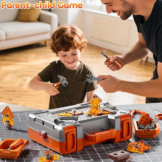 Kids Tools Toy Sets for Aged 3 4 5 6 7 8, 2 in 1 Workbench Toys for Toddlers 3-5, Pretend Play Toolbox, Construction Mechanic Set with Sound, Educational Birthday Gift for Boys Girls Ages 3-8