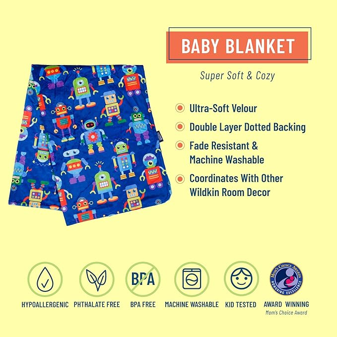 Wildkin Plush Baby Blanket – Soft & Cozy Comfort, Ideal for Toddlers, Travel & Daycare - Robots