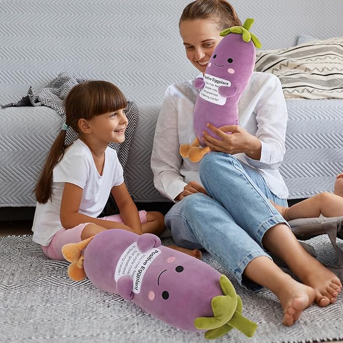Positive Eggplant Pickle,Pickle Stuffed Animal-20” Plush Eggplant Stuffed Animal with Positive Words,Kawaii Plush Toys Vegetable Plushies Pillow,Birthday&Christmas Gifts for Kids Adults