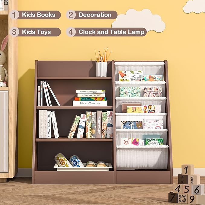 Kids Bookshelf Toy Storage Organizer 4-Tier Wood Book Rack Toddler Bookcase Baby Book Toy Display Shelf 5 Sling Bookshelf for Playroom Bedroom Nursery Classroom Church Espresso