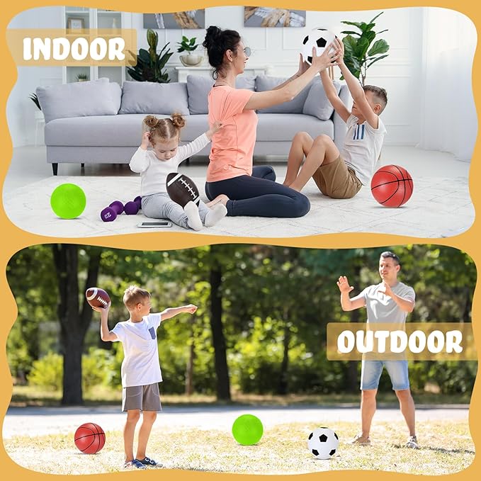 Sports Balls with Pump for Kids 5" Basketball, 5" Soccer, 5" Playground Ball, 6.3" Football for Indoor Outdoor Play Games Gifts