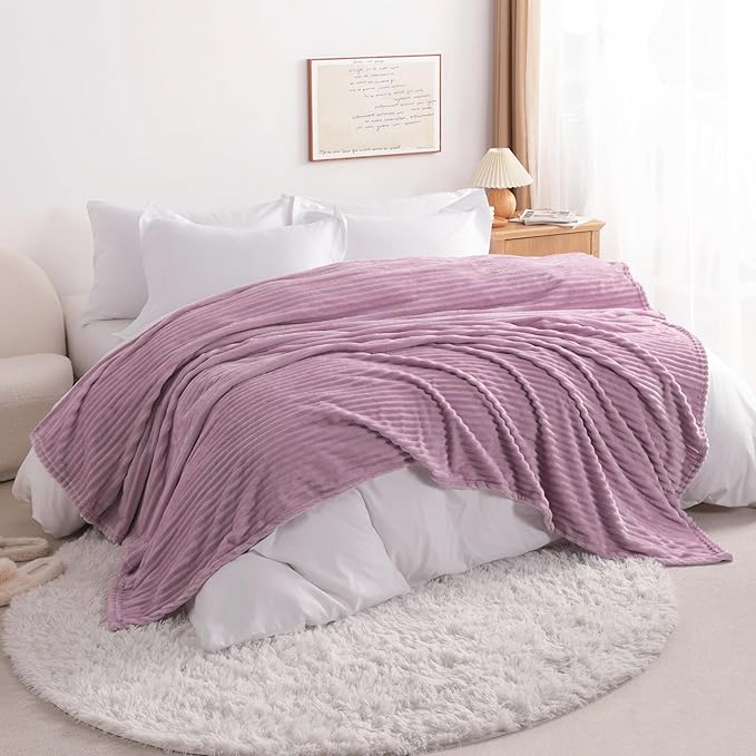 NTBAY Plush Flannel Twin Bed Blanket, 60x80 Inches Soft and Warm Lightweight Bed Blanket with Striped Texture for Couch, Sofa, All Seasons, Light Purple