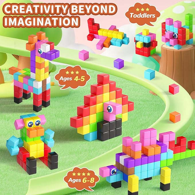 116PCS Magnetic Blocks with Magnet Eyes Toy, Magnetic Building Blocks with Storage Bag for Kids Gifts, STEM Preschool Sensory Magnetic Cubes for Toodlers Boys Girls Ages 3 4 5 6 7 8, Bright Color