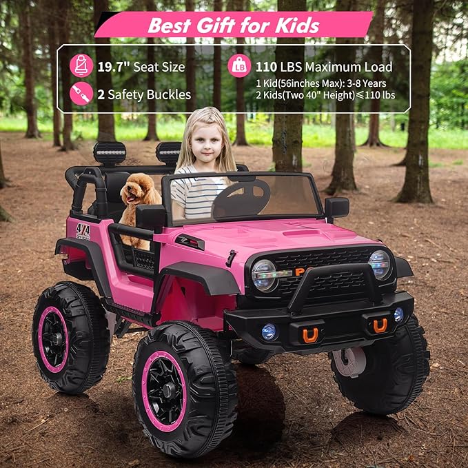 2 Seats 24V Kids Ride on Truck with Remote Control, Battery Powered Electric Ride Car Toy for 3-8 Years, 4 Motors,20" Seat Width for 2 Seaters, LED Light,Music,High/Low Speeds,Shovel, USB (Pink)
