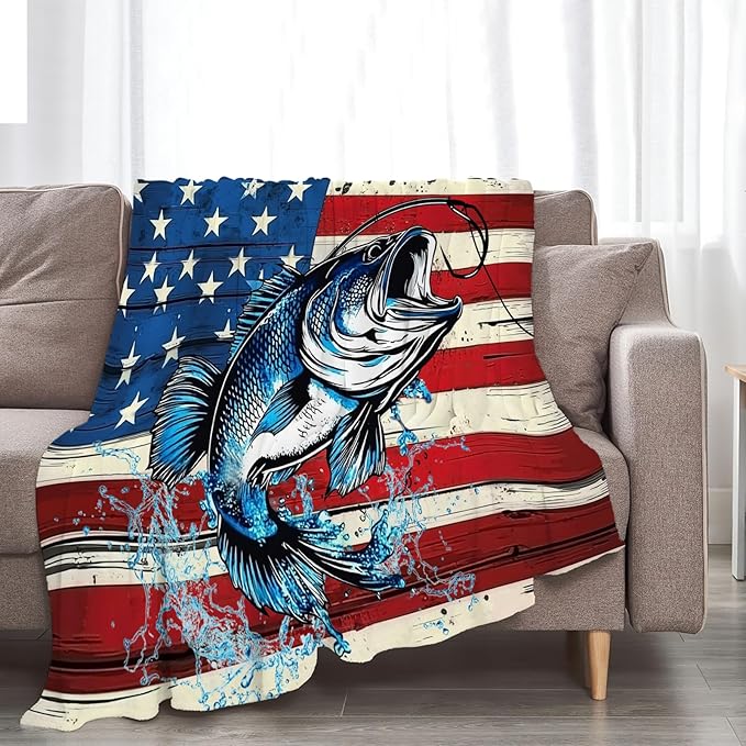 Bass Fish Blanket American Flag Fishing Throw Blankets Gifts for Girls Boys Kids Fishing Lover Soft Cozy Fleece Plush for Couch Sofa Bed 80"x60"