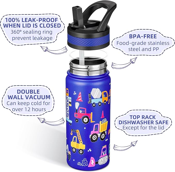 Fanhaw 18 Oz Kids Insulated Water Bottle with Straw - Stainless Steel Double Wall Vacuum Cup, Leakproof, BPA Free, Suitable for Boys and Girls(Blue - Under Construction)