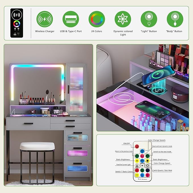 HENBC Vanity with Mirror and LED Lights, Glass Top Vanity Desk with Charging Station(Wireless+USB+Type-C), RGB Makeup Table Set with Stool/Makeup Organizer/6 Drawers for Bedroom,Grey