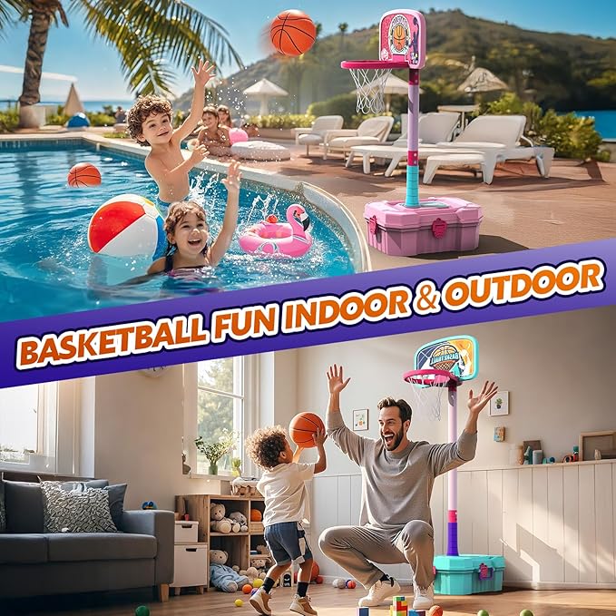 Kids Basketball Hoop and T-Ball Set for Kids 3-5, 4 Adjustable Toddler Basketball Hoop Indoor Outdoor Kids Toys Birthday Gift for Boys Girls