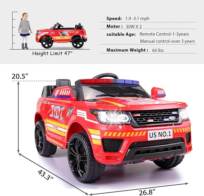 TOBBI Fire Truck Ride on Toys 12V Fire Engine Giant Firetrucks Firefighter Fireman Ride On Car with Remote Control, Siren-Call, Walkie-Talkies, Bluetooth for Toddlers, Red