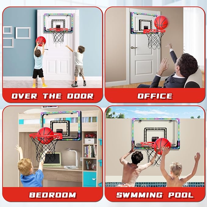 Extra Large 26" x 17" Pro Indoor Basketball Hoop Over The Door with LED Lighting Electronic Scoreboard, Mini Basketball Hoop for Kids, for Boys Girls Teens Adults B&R