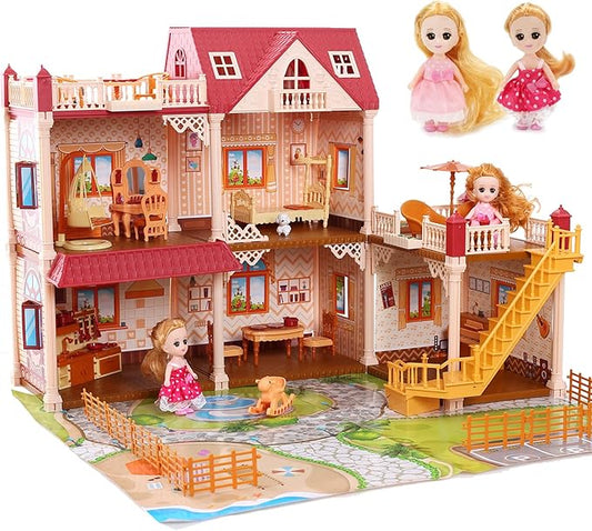 Doll House for Girls, DIY 5-Room Dollhouse Playset wirh Furniture and Accessories, Dream Gift for Kids