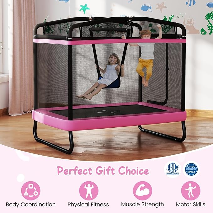 Goplus 6 x 4 FT Rectangle Kids Trampoline, Indoor Outdoor Recreational Trampoline with Swing, Gymnastics Bar & Safety Enclosure Net, ASTM Compliant Gift for Children Boys Girls