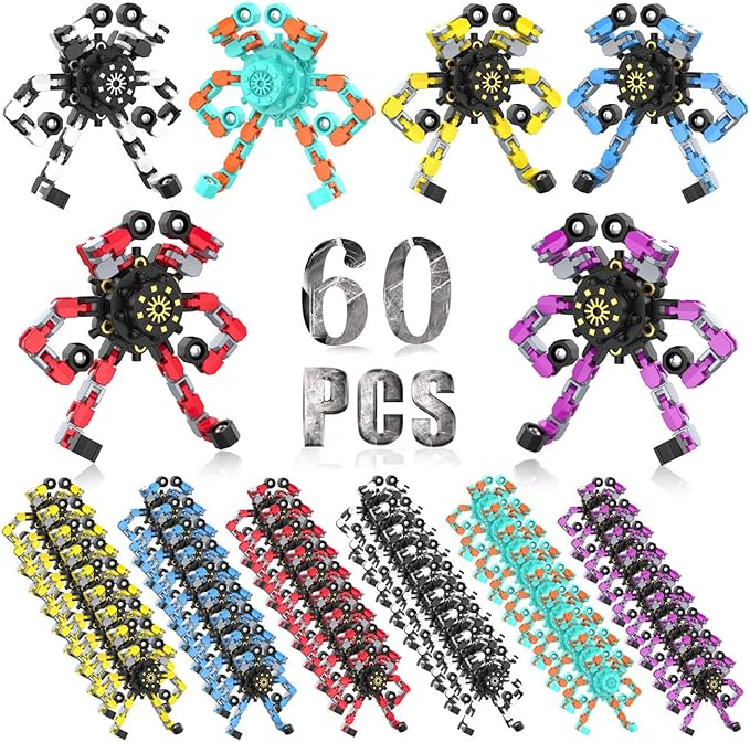 60PC Transformable Fidget Spinner for Kids,Deformable Chain DIY Robot Spinner Sensory Toy, Stress Relief Fingertip Gyros Fidget Toys Birthday Party Favors for Kids Gifts