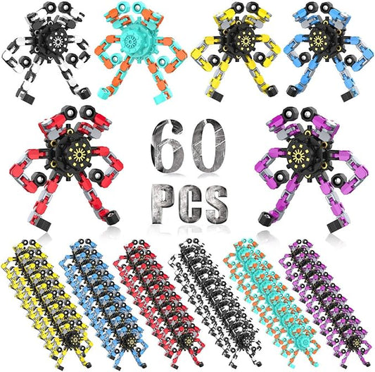 60PC Transformable Fidget Spinner for Kids,Deformable Chain DIY Robot Spinner Sensory Toy, Stress Relief Fingertip Gyros Fidget Toys Birthday Party Favors for Kids Gifts