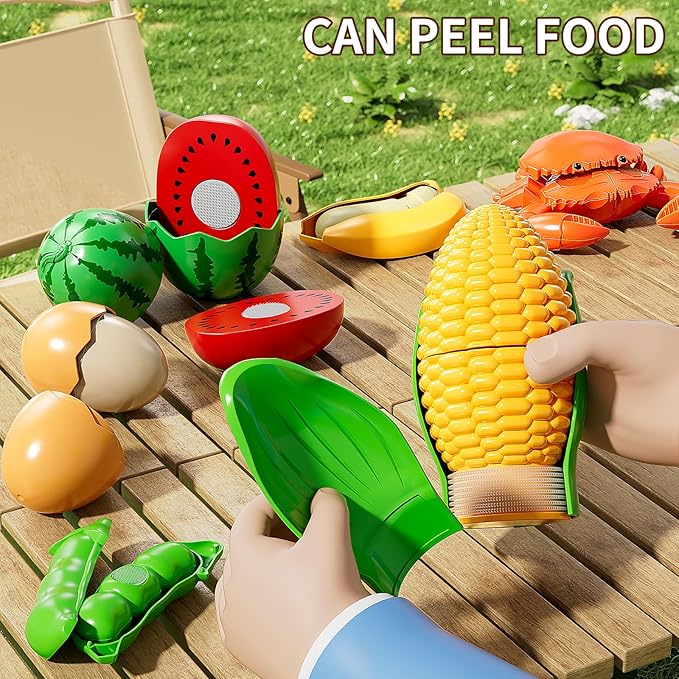 Play Food Set for Kids, Toddler Learning Toys, Cutting Food Toy Color Sorting Set, Pretend Food Play Kitchen Accessories for Kids, Birthday Gifts for 3-8 Years old Boys Girls Educational Toys