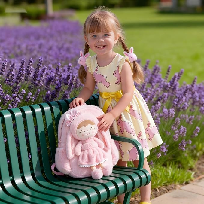 Gloveleya Toddler Backpack Plush Bag with Soft Pink Rabbit Doll Detachable Design 11inches Gift for Baby Girl 2+...
