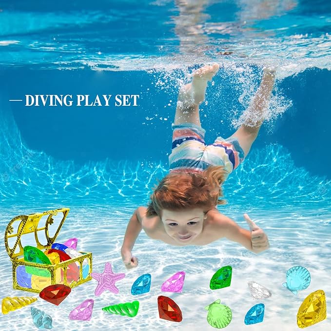 MGparty 24pcs Diving Gem Pool Toys Colorful Diamonds Set with Pirate Treasure Chest Summer Toy Underwater Swimming Toys for Boys and Girls Pool Games Water Toys