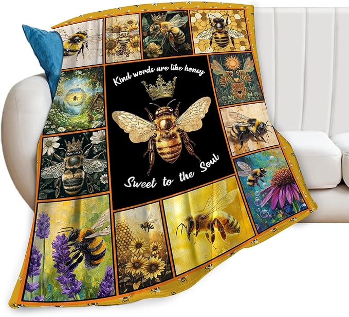 Bee Blanket Ultra Soft Cozy Bee Queen Throw Blanket Fleece Fuzzy Plush Bee Honey Blanket Decor Gifts for Women Girls Adults Couch Sofa 60"x50"