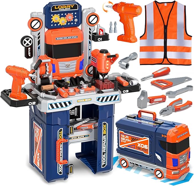 Kids Tool Bench Set with Electric Drill & Work Clothes, 68 PCS Realistic Toddler Tool Set for Ages 3-5, STEM Workbench Toy for Boys Girls, Pretend Play Construction Kit, Birthday Gift