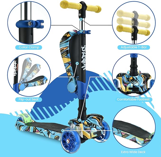 Hurtle 3-Wheeled Scooter for Kids - Wheel LED Lights, Adjustable Lean-to-Steer Handlebar, and Foldable Seat - Sit or Stand Ride with Brake for Boys and Girls Ages 1-14 Years Old
