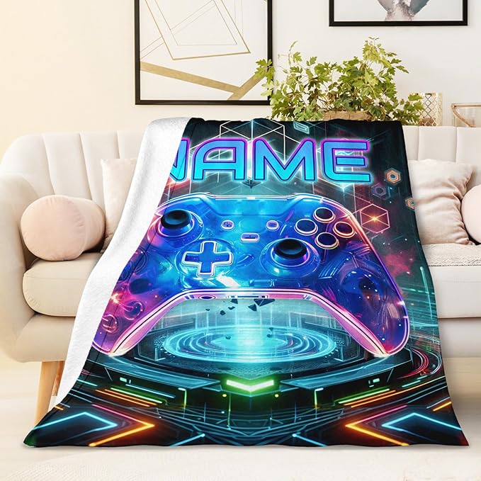 Personalized Name Gaming Throw Blanket for Boys - 60x50 Inches Throw Size Game Themed Gifts for Teens, Girls - Cozy Comfort Plush Blankets for Bed, Couch Decor - Gamer Accessories for Teens Room