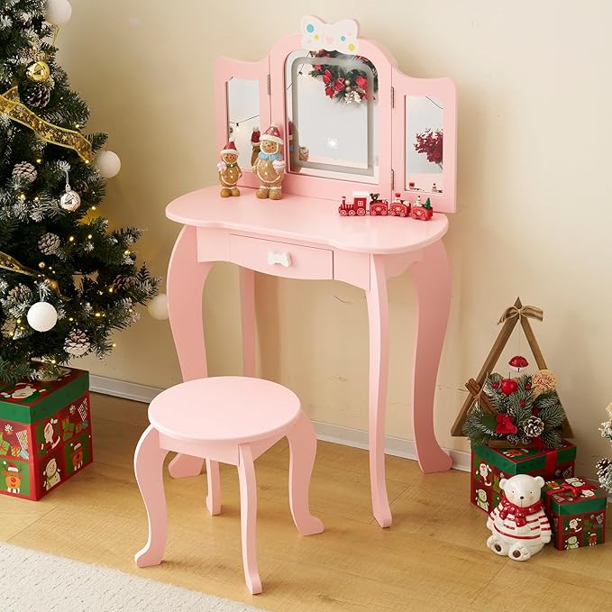 Kids Vanity Table and Chair Set, Girls Vanity Set with Mirror & 3-Color LED Lights, Pretend Play Kids Vanity with Drawer & Cute Bow Print, Makeup Dressing Princess Table for Girls, Pink