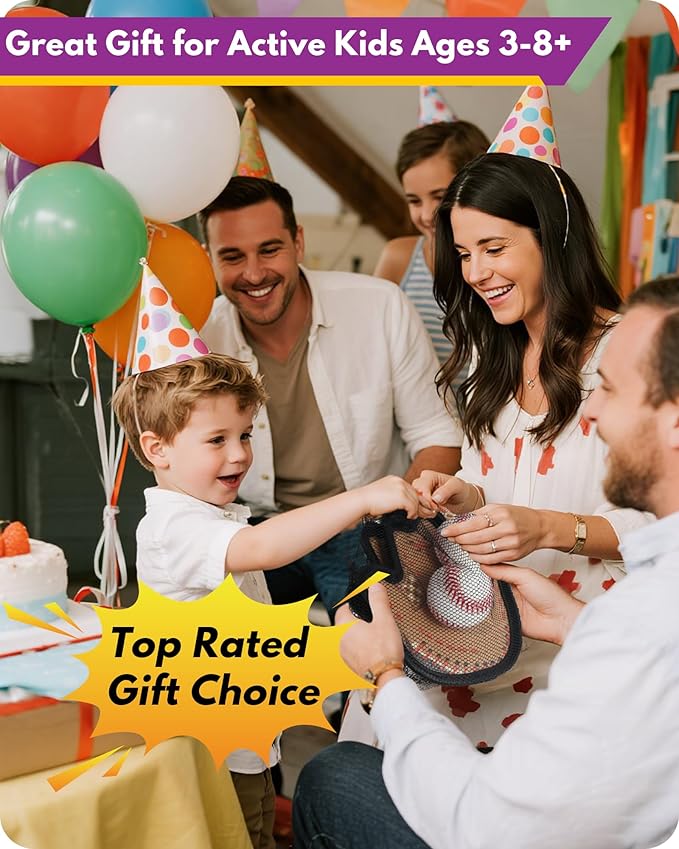 Toss and Catch Ball Game, Football & Baseball Camping/Yard/Outdoor Sports Toy for Kids, Outdoor Family Games for Kids and Adults with 2 Soft Sticky Balls and 2 Upgraded Paddles, Ages 3-8+ (Baseball)