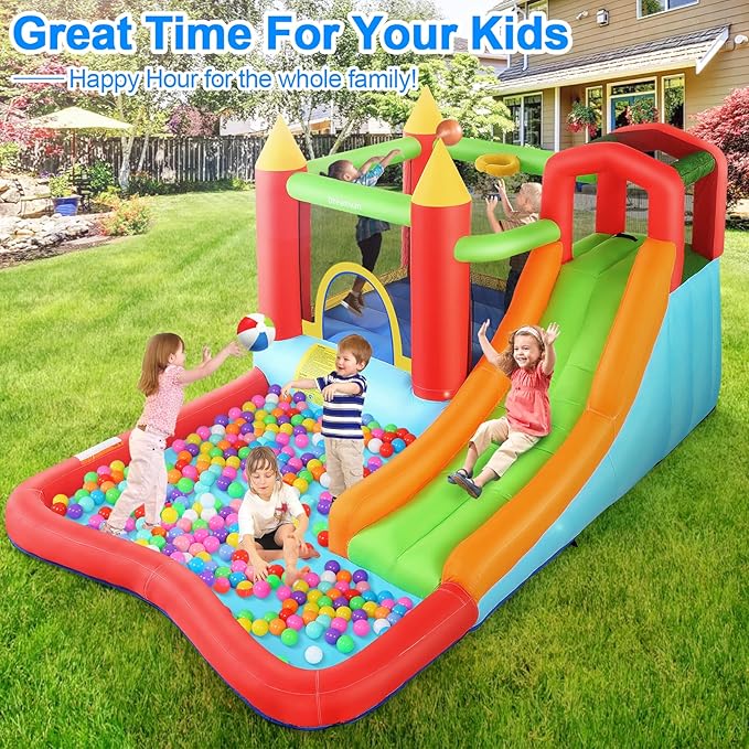 Bounce House,Inflatable Bounce Castle with Blower for Kids 3-12,Outdoor/Indoor Bouncy House Water Park for Backyard with Splash Slide,Climbing Wall,Ball Pit,Jumping Area (146" x 103" x 73")