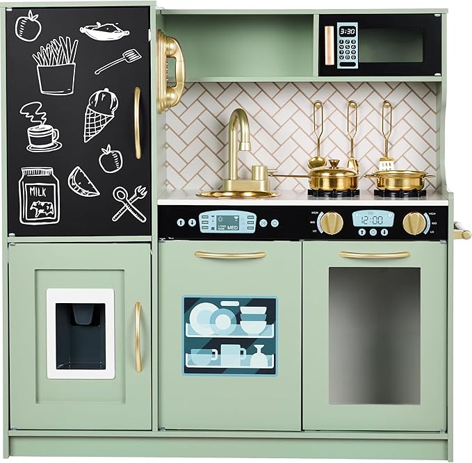 Best Choice Products Pretend Play Kitchen Wooden Toy Set for Kids w/Realistic Design, Telephone, Utensils, Oven, Microwave, Sink - Sage