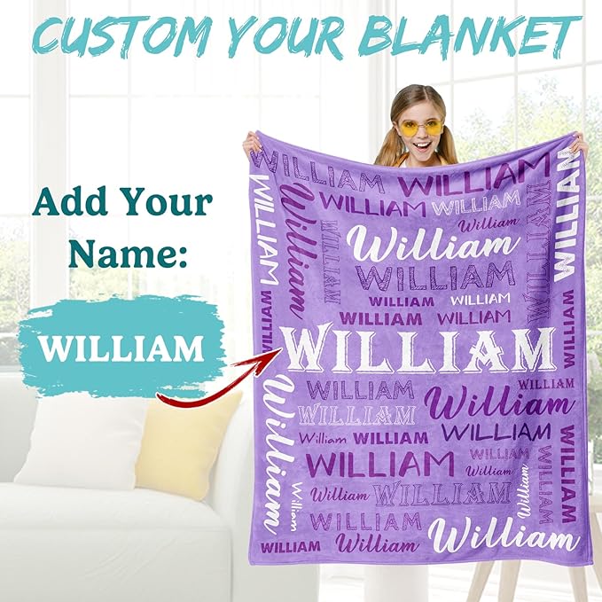 Ship Next Day, Personalized Baby Blanket with Name - Printed in USA, Custom Name Blanket for Boys Girls Kids, Customized Flannel Blankets Gifts for Teen Shower Toddlers Christmas Brithday