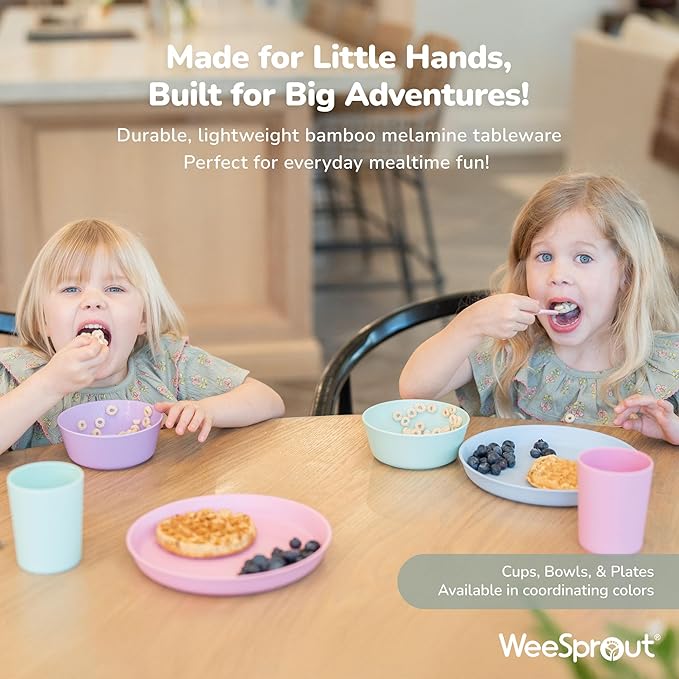 WeeSprout Bamboo Plates, Set of 4, Kid-Sized Dinnerware, Dishwasher Safe Melamine Dishware (Pastel Coral, Blue, Mint & Off White, Without Lids)