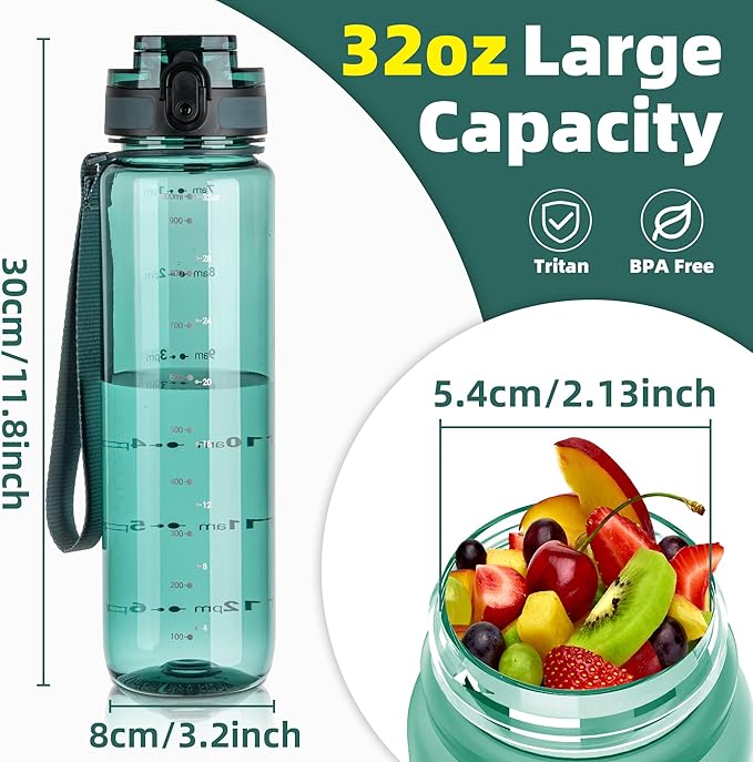 OLDLEY 32 oz Water Bottle, Motivational Water Bottle with Time Marker, Sports Water Bottle With Strap, Leakproof & BPA Free Large Water Bottles for School, Gym, Travel, Tritan, Transparent Dark Green
