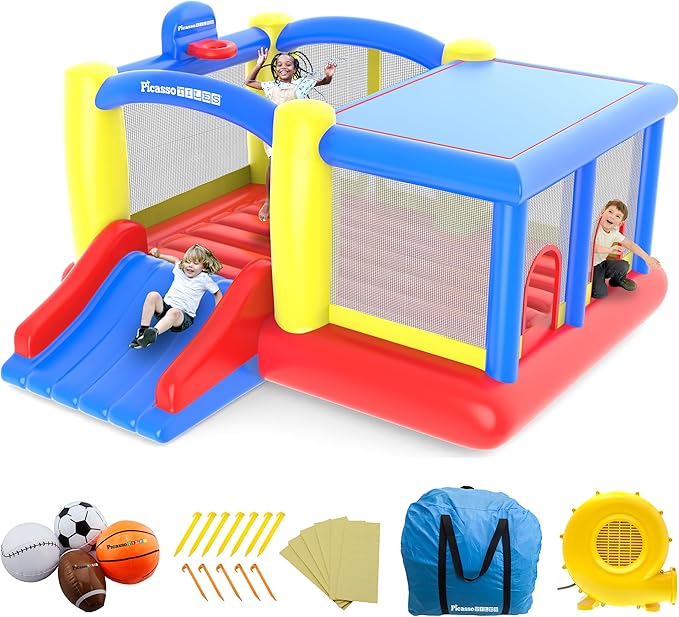 [Upgrade Version] PicassoTiles KC102 12x10 Foot Inflatable Bouncer Jumping Bouncing House, Jump Slide, Dunk Playhouse w/Basketball Rim, 4 Sports Balls, Full-Size Entry, 580W ETL Certified Blower