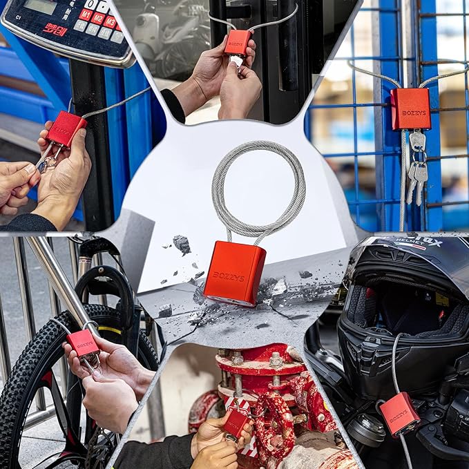 Adjustable Cable Padlock with 3 Keys | L 1.15ft x D 1/6in Aluminum Steel Cable Locks for Bikes, Gate, Lockers & Outdoor Gear | Keyed Different & Red