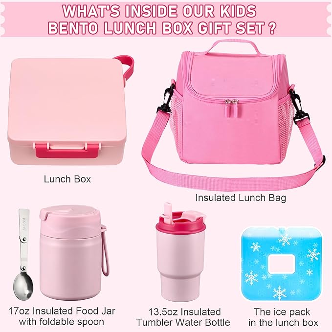 Bento Lunch Box for Kids with 17oz Soup Thermo,Insulated Tumbler Water Bottle and Insulated Lunch Bag,Leak-Proof 3 Compartment Lunch Food Container with Ice Pack for Kids to School-Pink