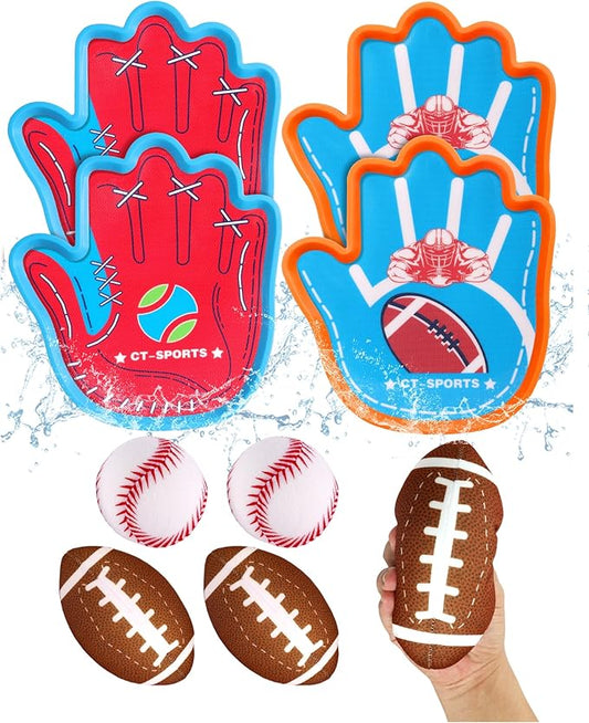 Toss and Catch Ball Game for Kids 3-8, Pool & Beach Ball Game, Outdoor Sports Toy with 4 Soft Sticky Balls & 4 Upgraded Paddles (2 Baseball Style & 2 Football Style), Ages 3-8+